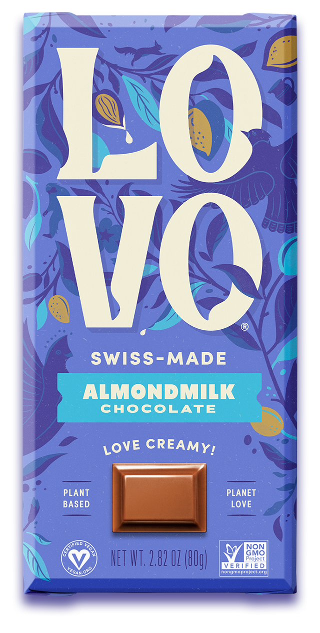 A bar of Lovo almond milk chocolate in wrapper