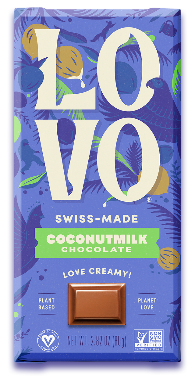 A bar of Lovo coconut milk chocolate in wrapper