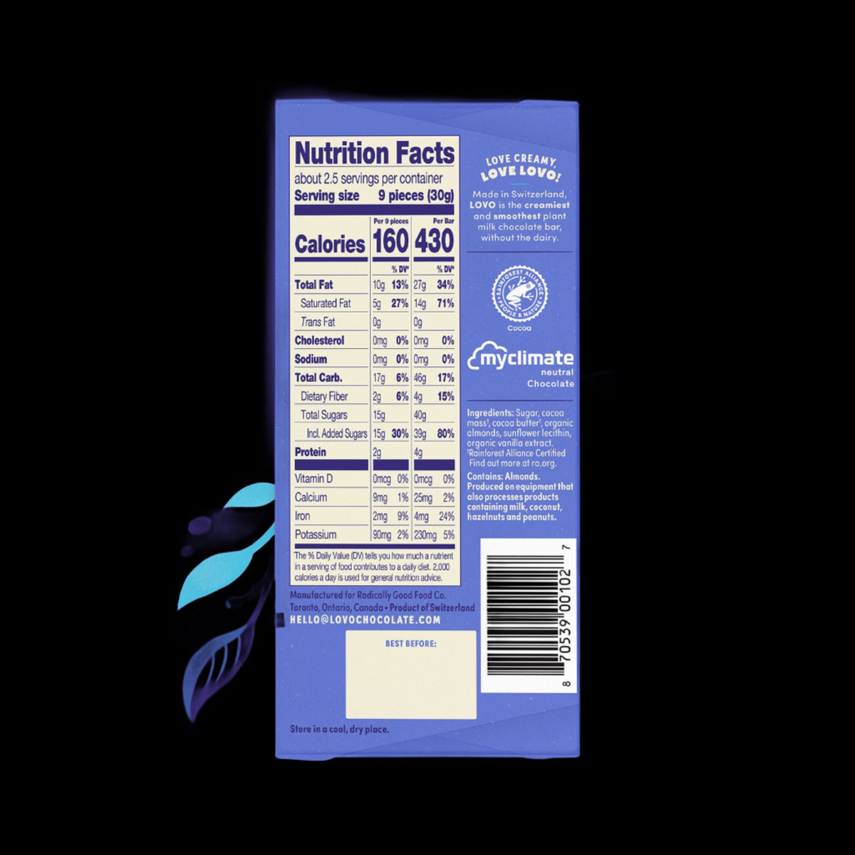 Lovo almond milk chocolate nutrition facts on back of wrapper