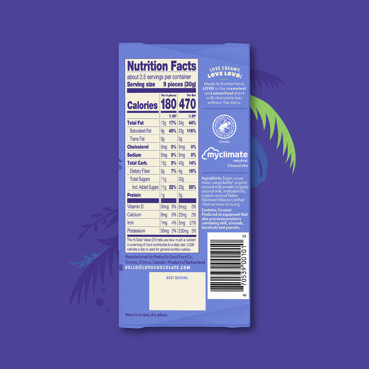 Lovo coconut milk chocolate nutrition facts on back of wrapper
