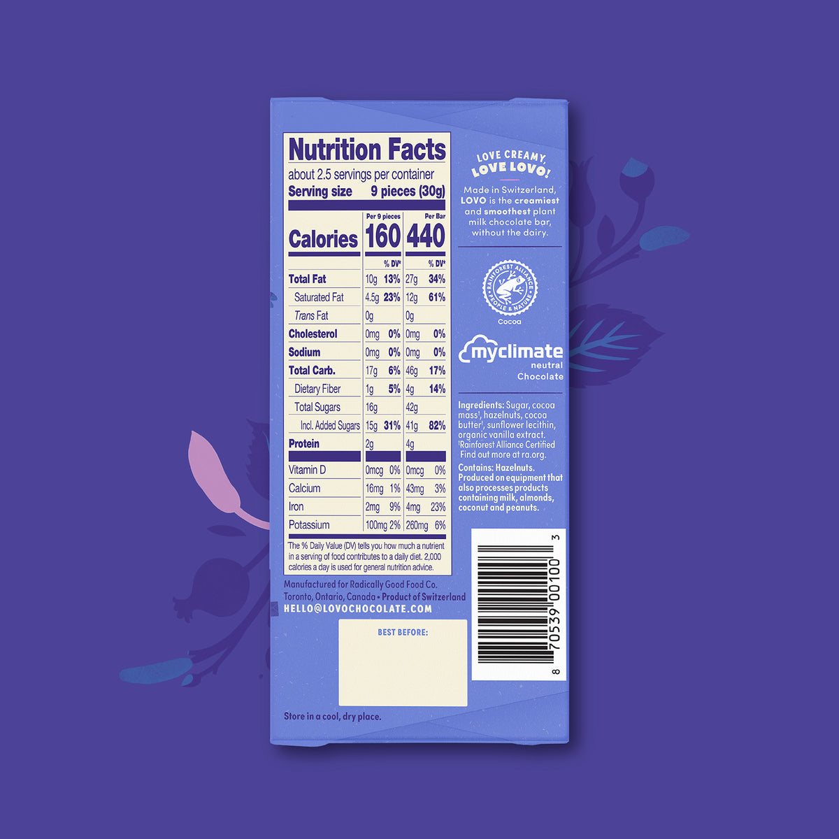 Lovo hazelnut milk chocolate nutrition facts on back of wrapper